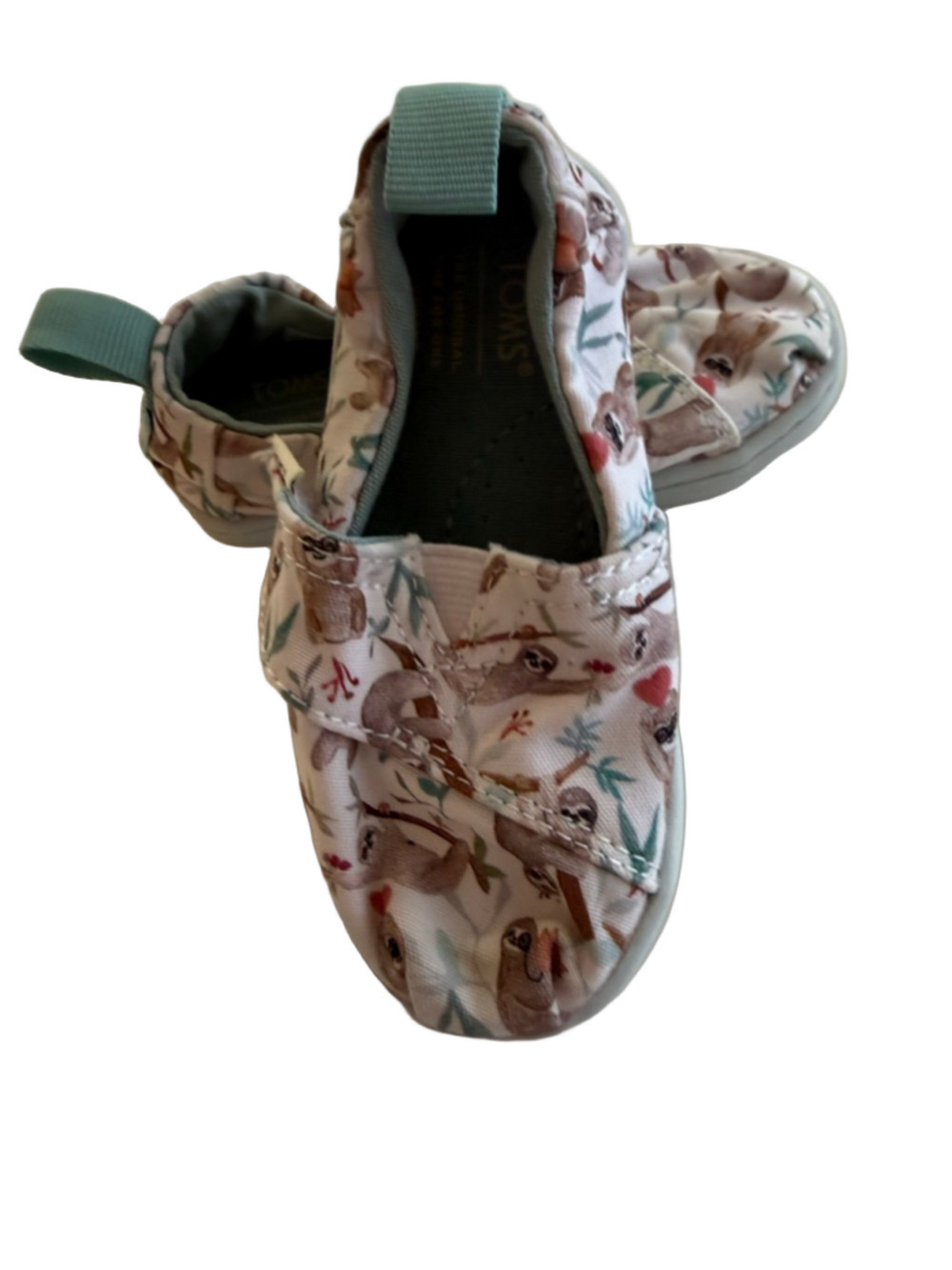 Baby TOMS Sloth Print Canvas Slip-On Shoes White Brown Size 6